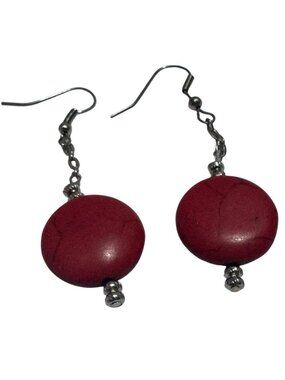Silver Tone Red Bead Dangle Earrings Lightweight Boho Casual Everyday Artisan
